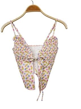 New‎ Glowny Floral Smocked Tie-Front Cami Swim Top - Pink
